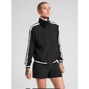 Athleta Brooklyn Track Bomber Jacket Black White trim‎ Size S